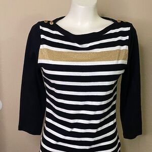 Ralph Lauren Black White gold striped nautical Top with Gold Buttons ❤️ L